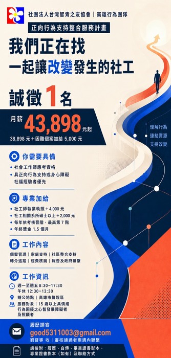 📢社團法人台灣智青之友協會-高雄行為團隊-正向行為支持整合服務計畫-誠徵社工人員圖片