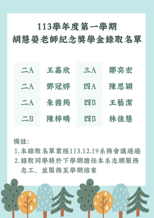本名單業經113.12.19系務會議通過； 申請獲本獎學金同學之義務：將於下學期擔任本系志願服務志工，並服務至學期結束。